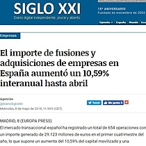 El importe de fusiones y adquisiciones de empresas en Espaa aument un 10,59% interanual hasta abril
